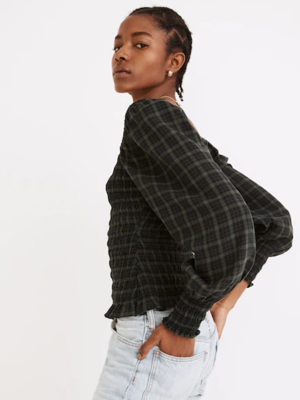 Madewell Lucie Bubble-Sleeve Smocked Top in 'Forest' Plaid - Size S